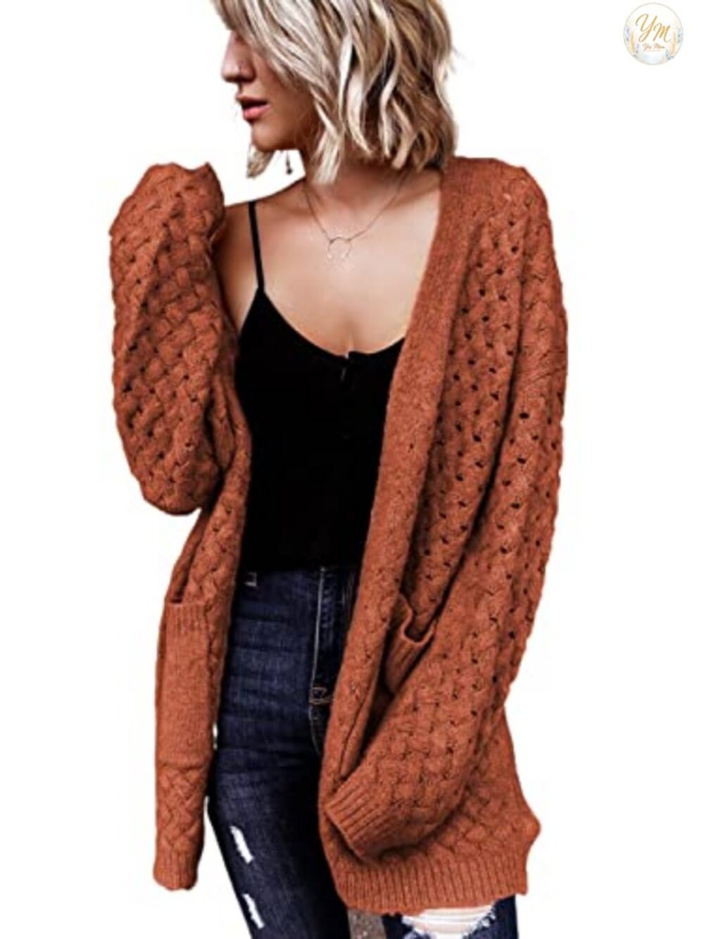 Womens Open Front Cable Knit Cardigan Sweater with Pockets